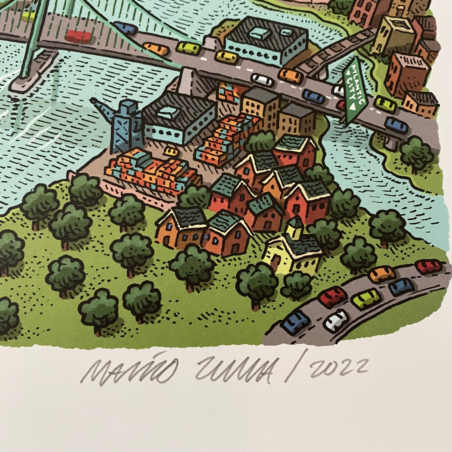 An illustrated, colorful townscape of Philadelphia, featuring iconic Philly landmarks with trees and vehicles, signed by the artist Mario Zucca in 2022.