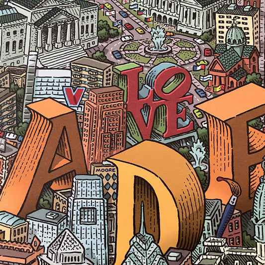 Colorful illustration of an urban scene with buildings and a