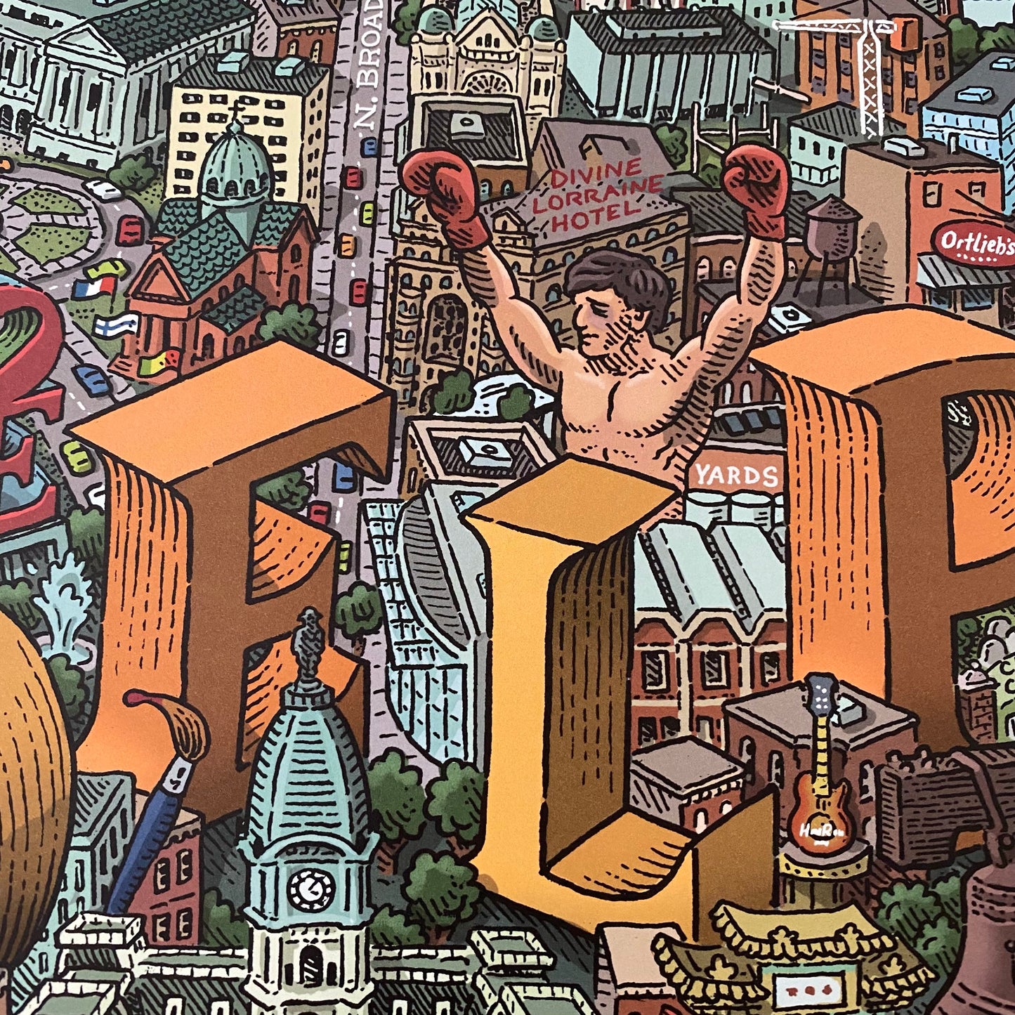 An illustrated scene of a giant figure straddling colorful, stylized Mario Zucca Philadelphia Landmarks Map buildings, with one hand raised and the other holding a banner showcasing Philly landmarks.