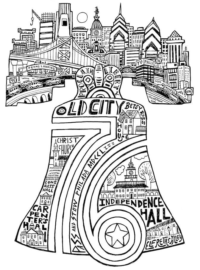 A black and white illustration of a bell with Philadelphia-themed landmarks and icons etched within its silhouette can be found on the Philly Pint Glasses by Paul Carpenter.