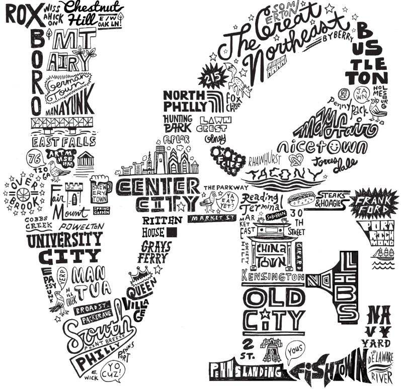 An illustrated map of Philadelphia composed of neighborhood names in various fonts forming the skyline of the city. (Philly Pint Glasses by Paul Carpenter)