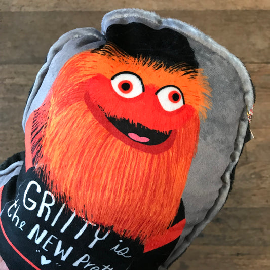 A Gritty Plushie featuring a caricature of the mascot Gritty and the text