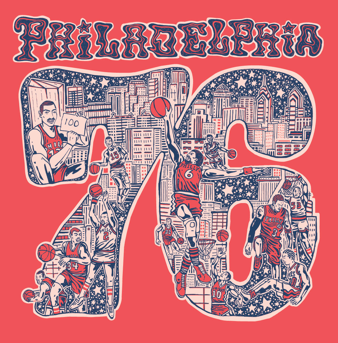 An illustrated graphic by Paul Carpenter of the number 76 filled with Philadelphia basketball imagery, featuring players and iconic elements associated with the Philadelphia Sixers T-Shirt NBA team.