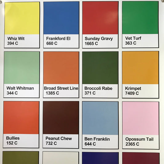 A Philly Palette Poster with creatively named shades representative of various themes or concepts, each labeled with a unique name and color code, including the vibrant