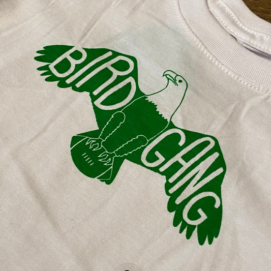 A 100% cotton Bird Gang Toddler T-Shirt with a green print of an eagle and the words