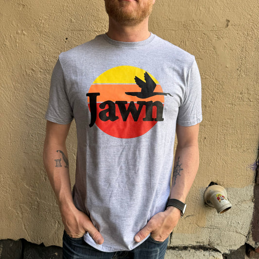 A person wearing a grey South Fellini t-shirt with a large, colorful graphic of a bird flying over a sunset and the word "Jawn/Wawa T-Shirt" in bold letters, standing against a textured wall.