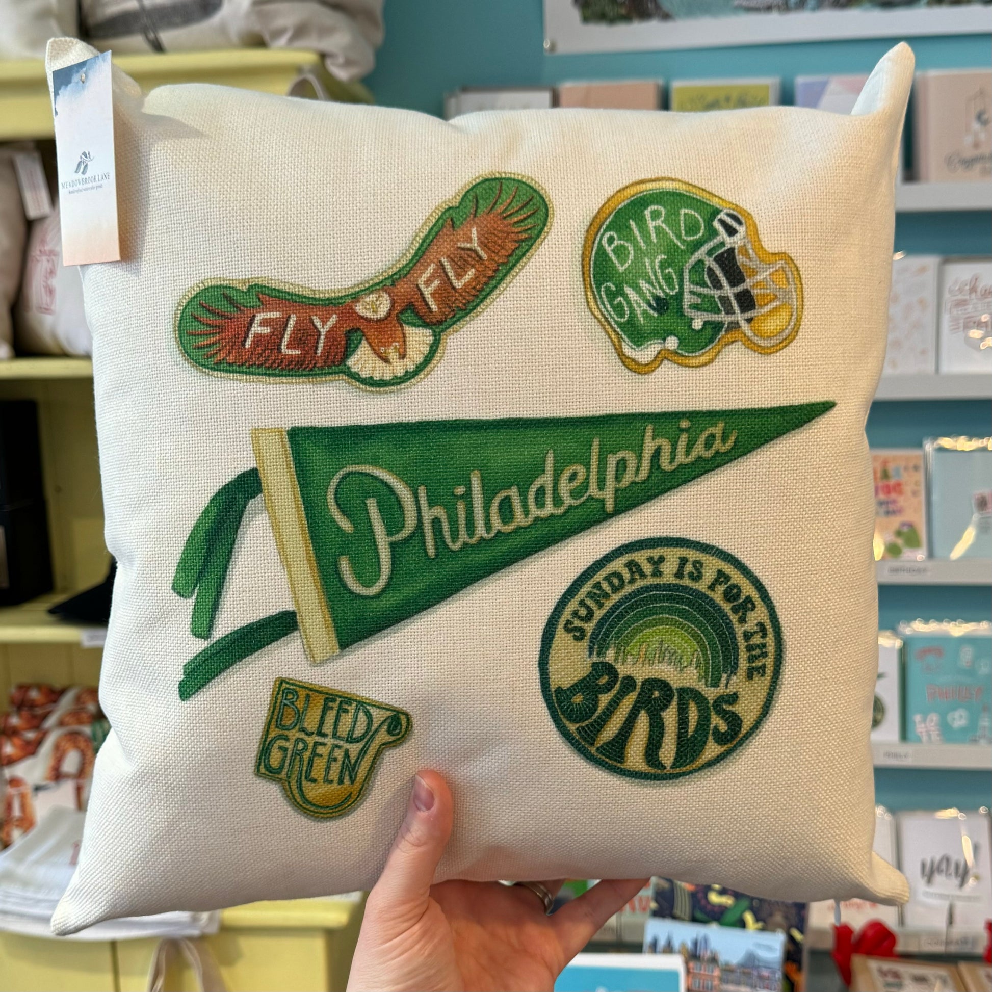 A hand holds a Philly Illustrated Pillow by Meadowbrook Lane, showcasing Philadelphia Eagles-themed designs like "Fly Fly Fly," "Bird Gang," "Sunday is for the Birds," "Bleed Green," and a green pennant reading "Philadelphia.