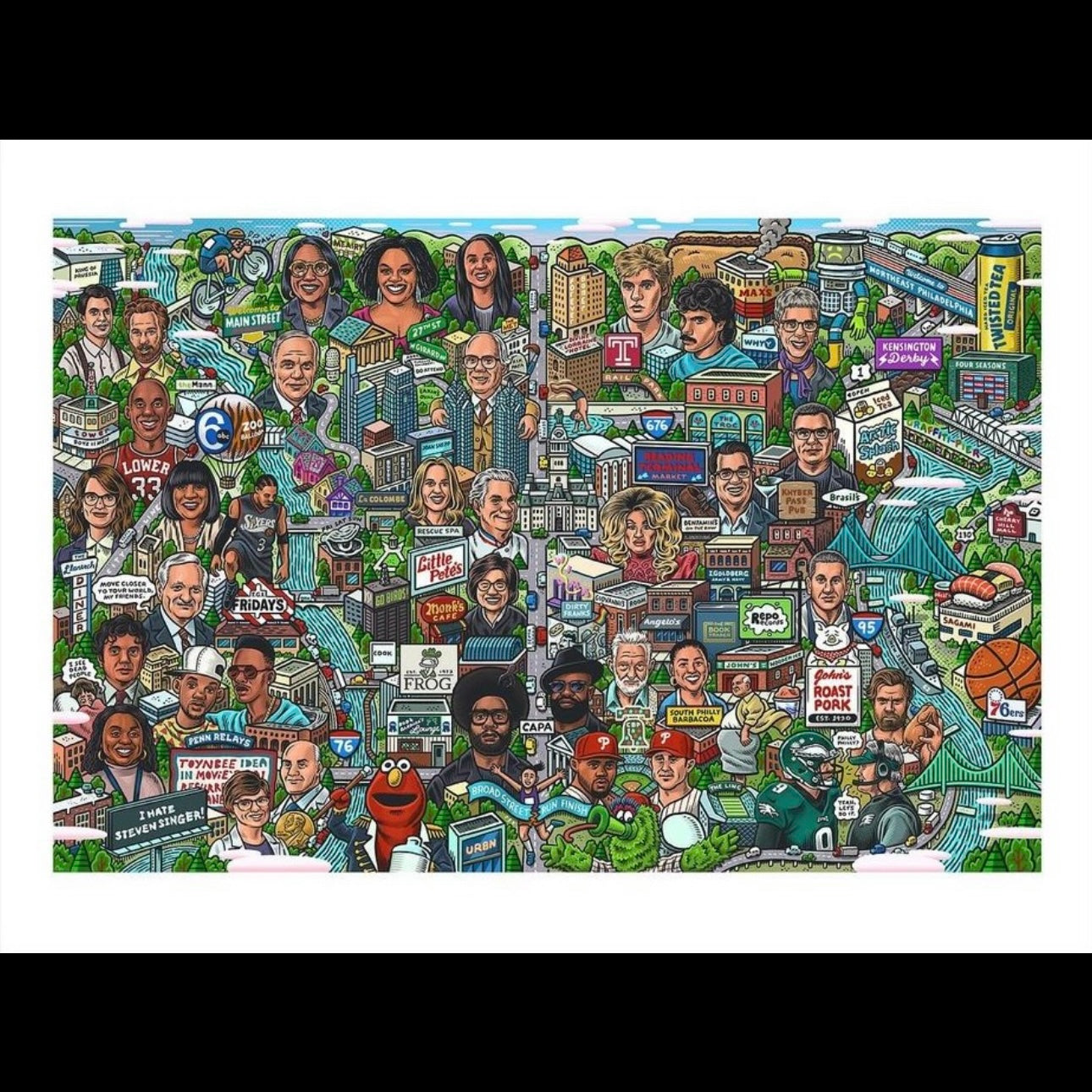 The Philly Phifty Map by Mario Zucca is a colorful illustration featuring various people, Philadelphia landmarks, and symbols associated with the city, including sports teams, schools, bridges, and iconic buildings. This limited edition print beautifully encapsulates Philly's vibrant spirit.