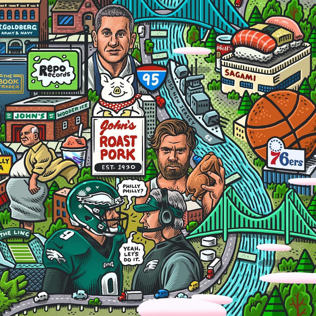 Cartoon-style illustration featuring symbols and references related to Philadelphia, including a football player, a basketball, the I-95 highway, John's Roast Pork, and various local landmarks and characters. This limited edition print from Mario Zucca, titled "Philly Phifty Map," offers a whimsical tour with a large map of Philly displaying its iconic spots.