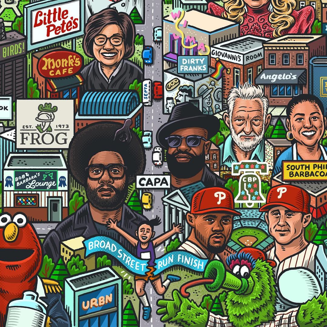 The Philly Phifty Map by Mario Zucca features a colorful illustration displaying various Philadelphia landmarks, people, and characters, including Broad Street, the Phillie Phanatic, Broad Street Run, and Elmo. This vibrant artwork is part of a limited edition print series.