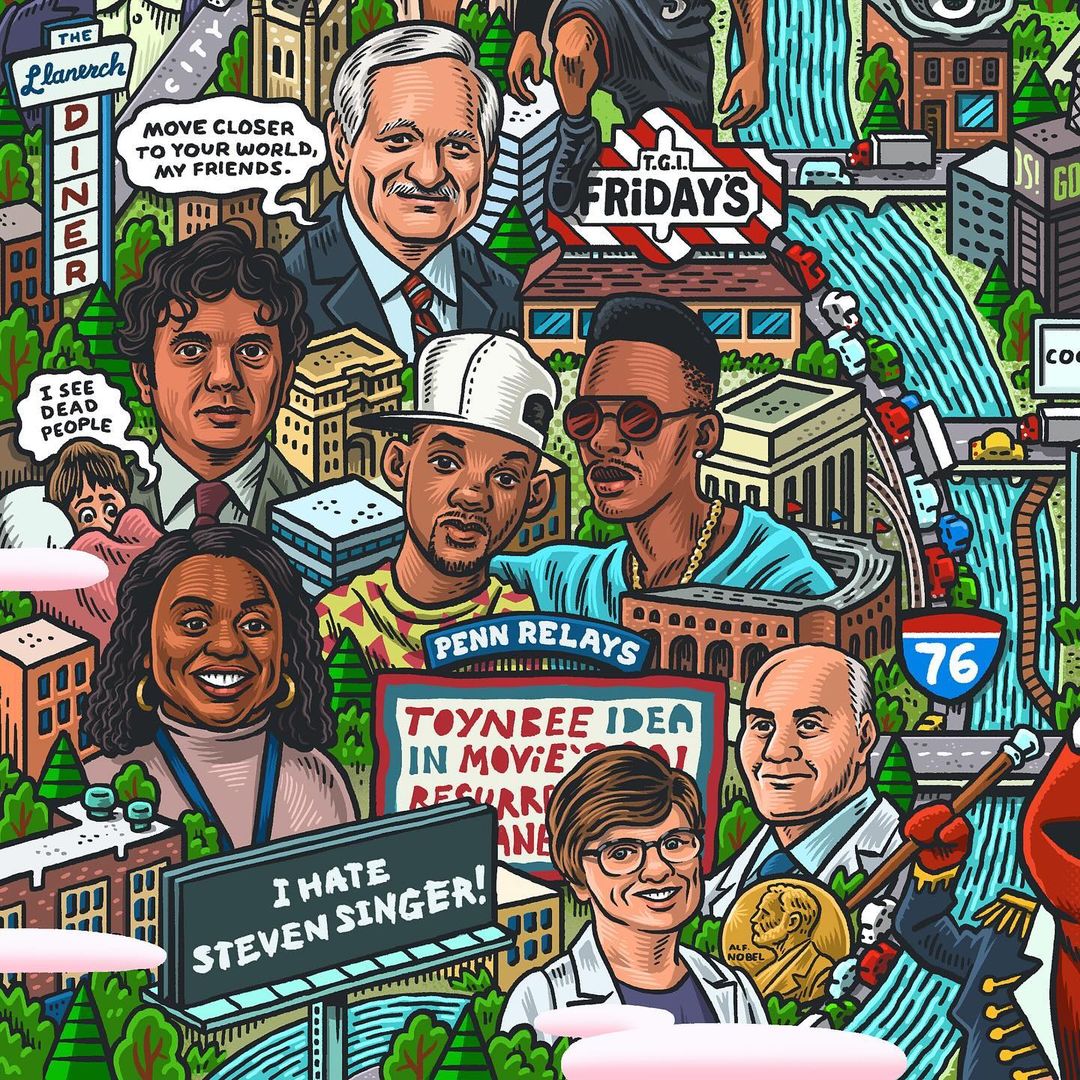 The Philly Phifty Map by Mario Zucca features an illustrated collection of various individuals, iconic Philadelphia landmarks, and signs such as "I see dead people," "Toynbee Idea in Movie," and "I hate Steven Singer!" set against a vibrant urban backdrop. This limited edition print beautifully captures the essence of the city.