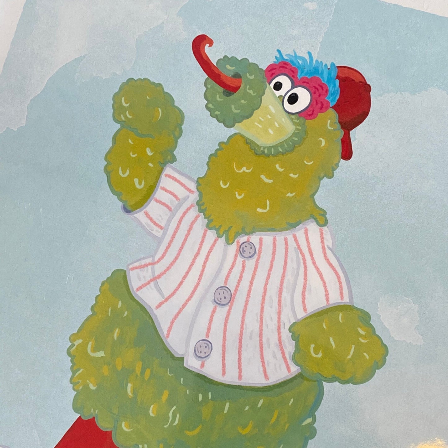 Illustration of a cheerful green muppet resembling Philly Mascot Prints, wearing a red and white striped baseball uniform and a red hat, waving enthusiastically by Jamie Bendas.