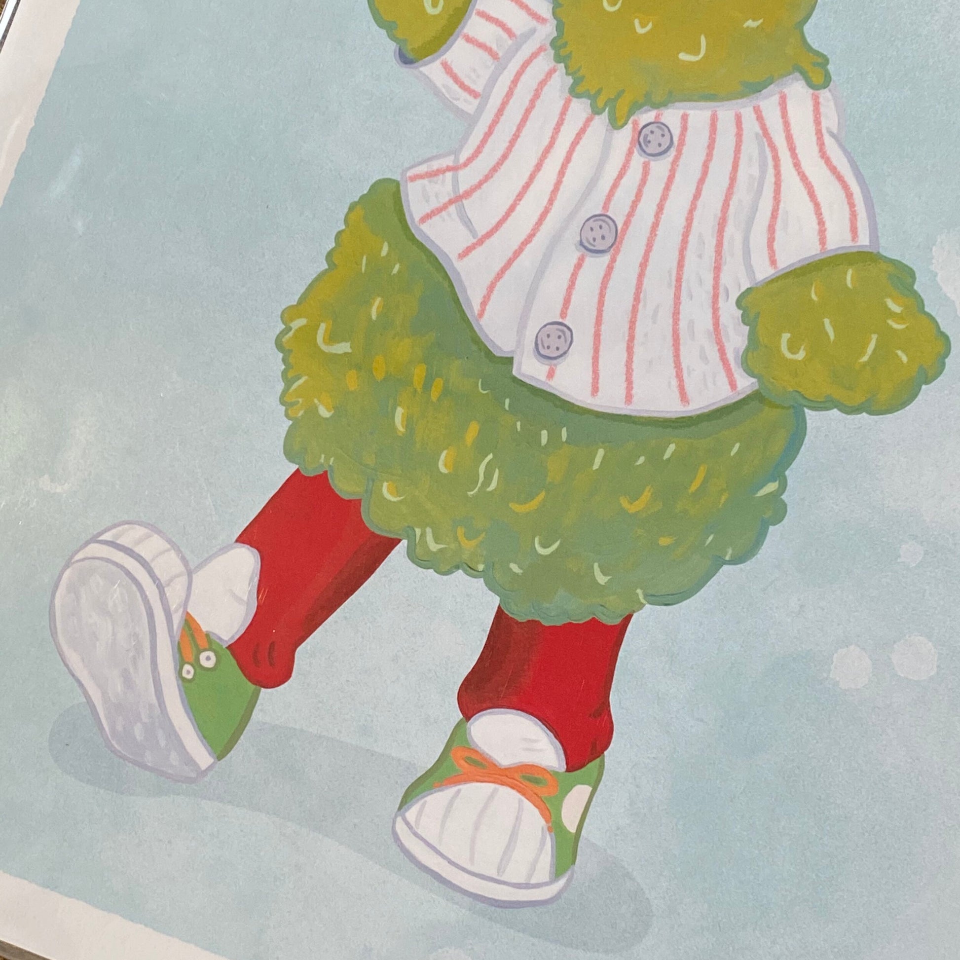 Illustration of cartoon legs wearing red socks and green and white sneakers, paired with a gritty Philly Mascot Prints outfit by Jamie Bendas.