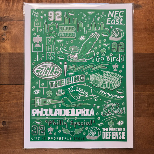 A graphic Eagles Print featuring various Philadelphia Eagles themed illustrations and slogans in green and white colors, perfect as wall decor by Jeffrey Arden Art.