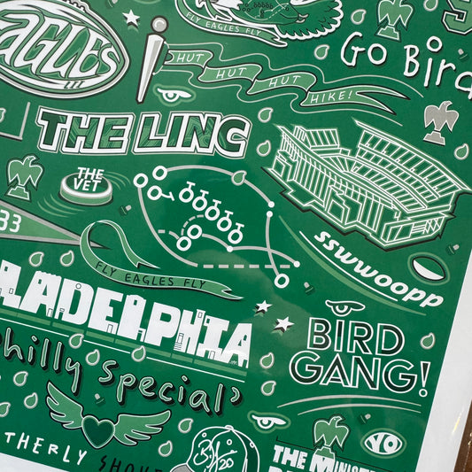 Graphic collage of Philadelphia Eagles football-themed illustrations and phrases in green and white colors, now available as Jeffrey Arden Art Eagles Print wall decor.