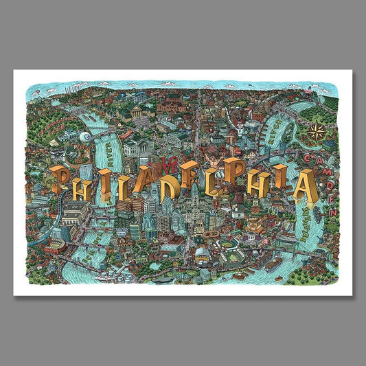 Philadelphia Landmarks Map by Mario Zucca showcasing notable Philly landmarks and features with stylized lettering.