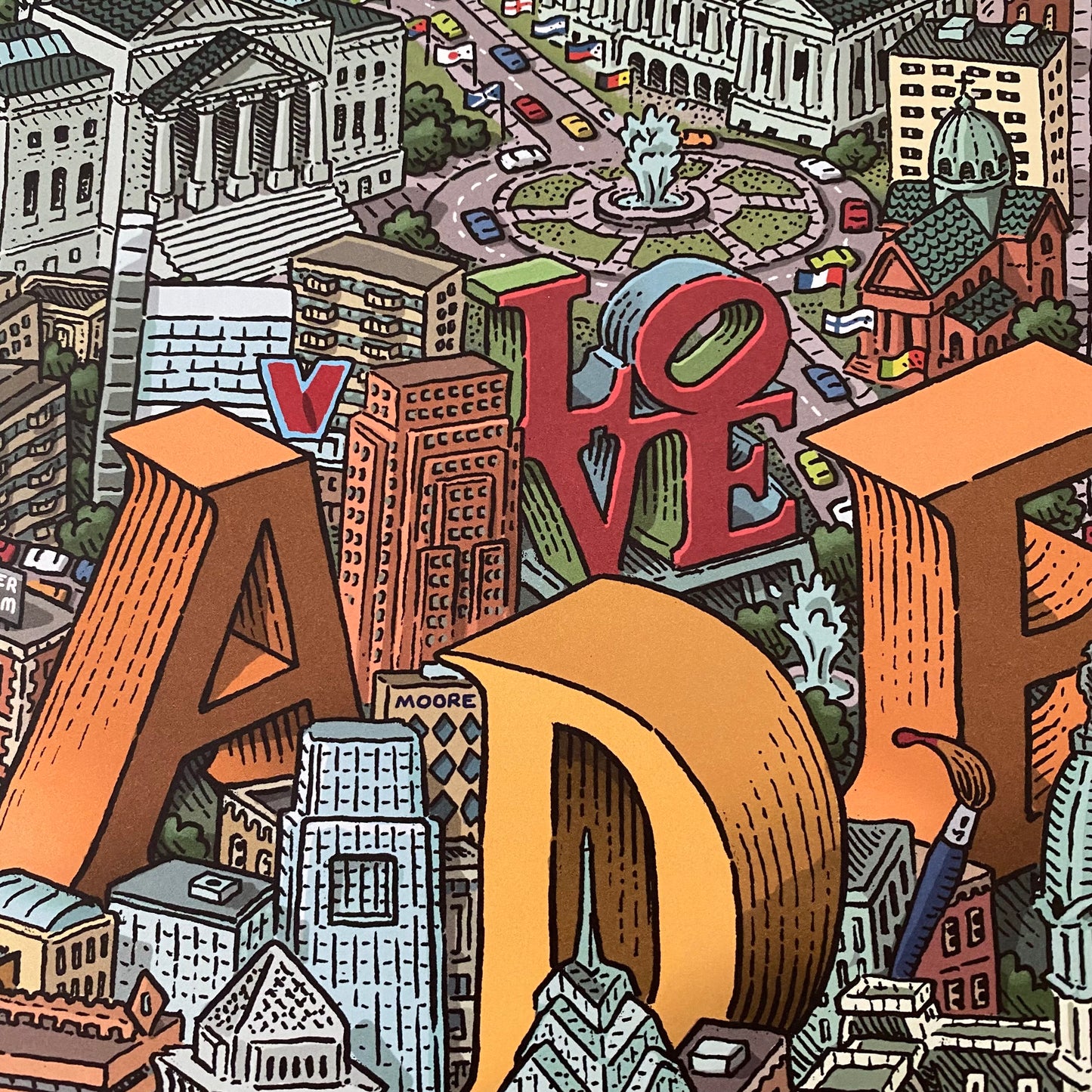 Colorful illustration of an urban scene with buildings and a "love" sculpture, prominent in the foreground, inspired by Philly landmarks on the Mario Zucca Philadelphia Landmarks Map.