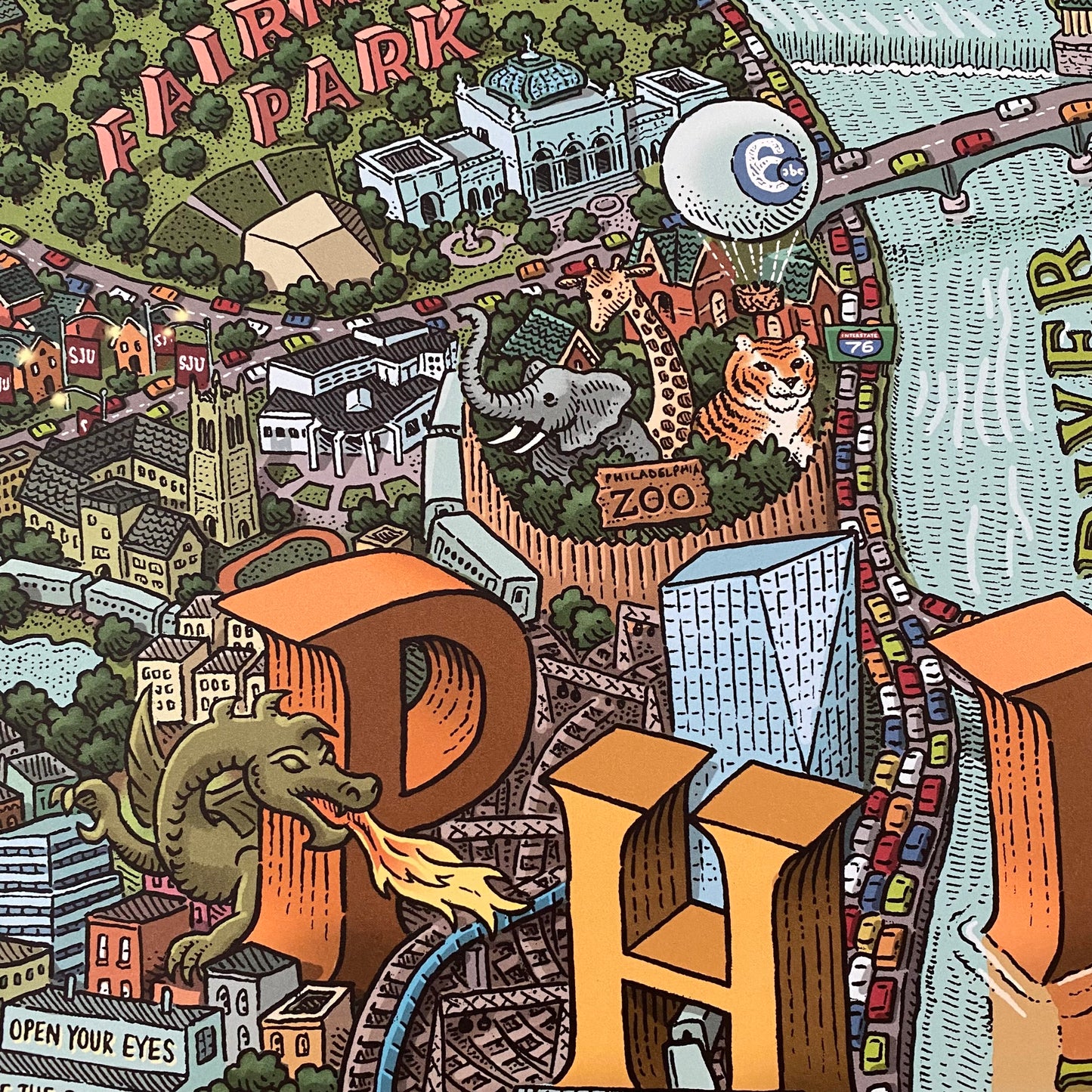 Illustrated Mario Zucca Philadelphia Landmarks Map with colorful, whimsical depiction of a zoo and surrounding urban landscape highlighting Philly landmarks.