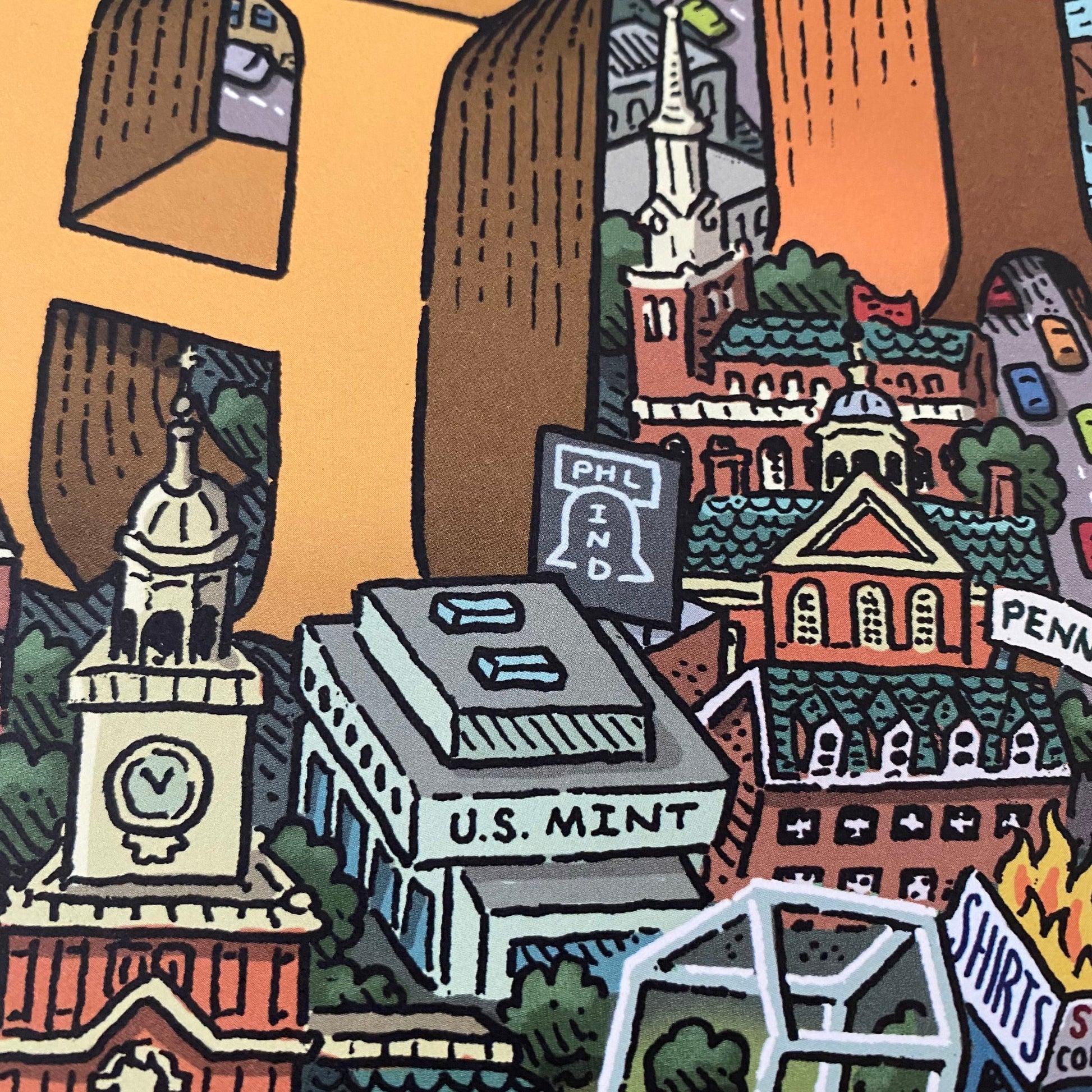 Illustration of a colorful cityscape featuring the U.S. Mint and other buildings, with a sign pointing towards the Philadelphia Landmarks Map, crafted by Mario Zucca.