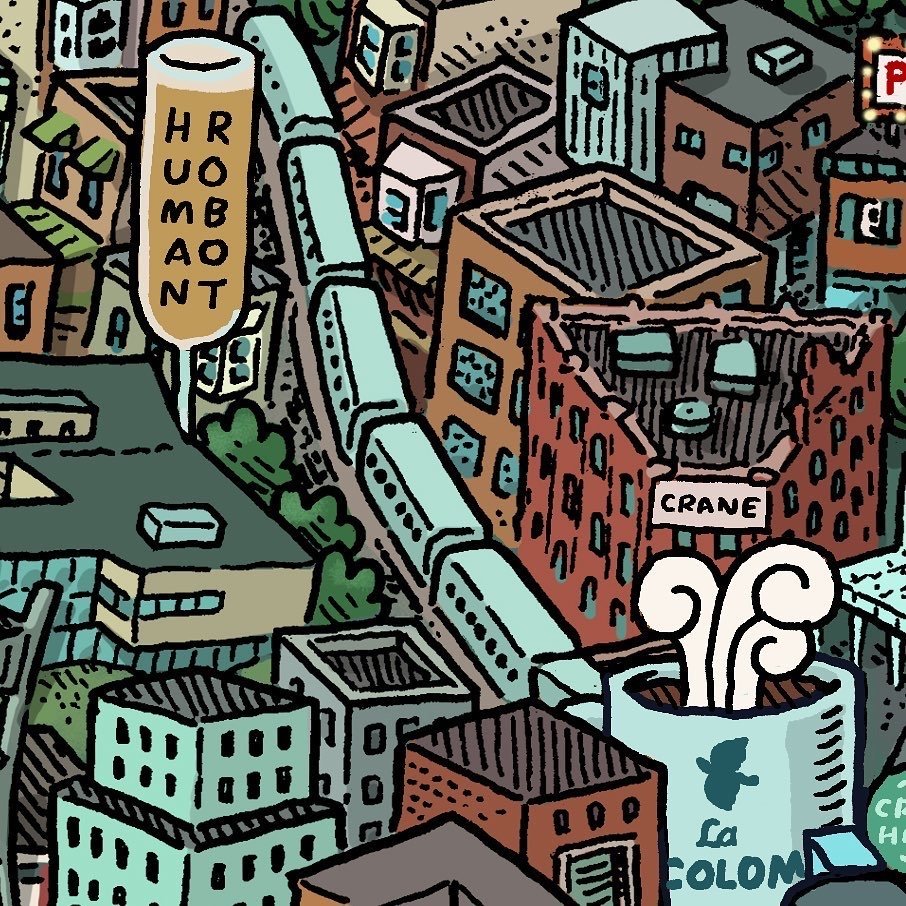 Illustration of a crowded urban area with buildings, a train, and a crane featuring Mario Zucca's Philadelphia Landmarks Map.