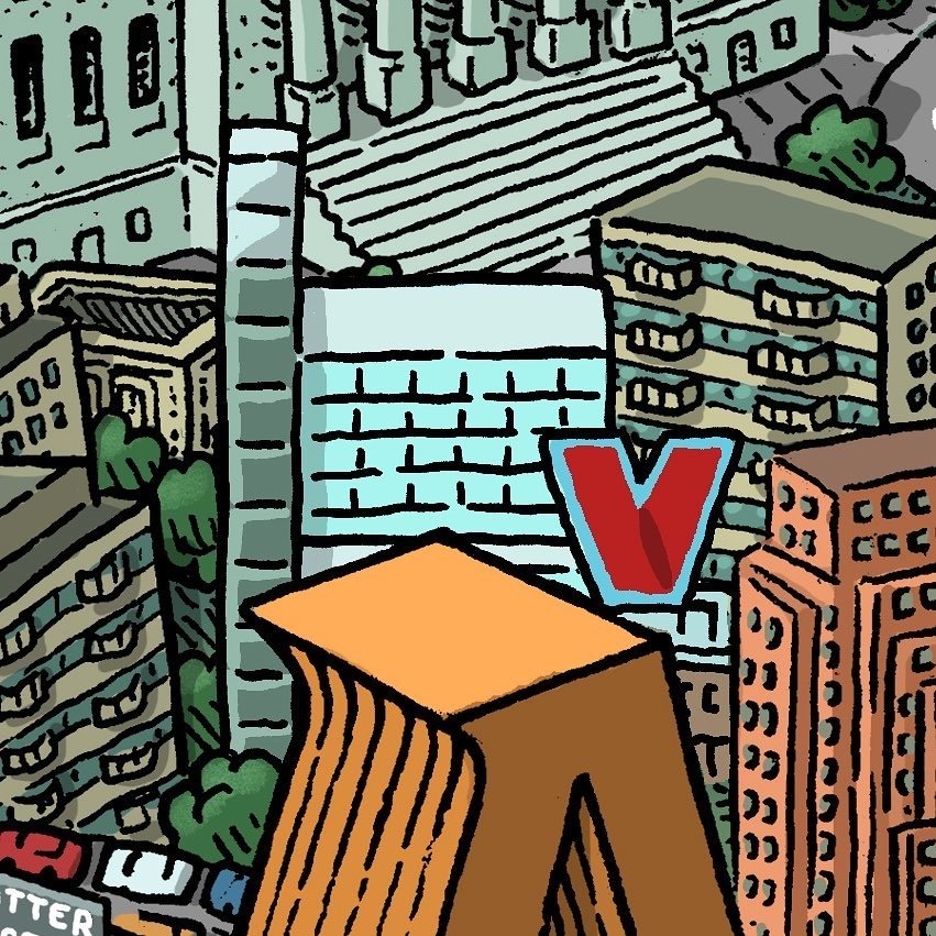 Illustration of an urban skyline with Philly landmarks and a prominent red 'v' shape on one structure featuring the Mario Zucca Philadelphia Landmarks Map.