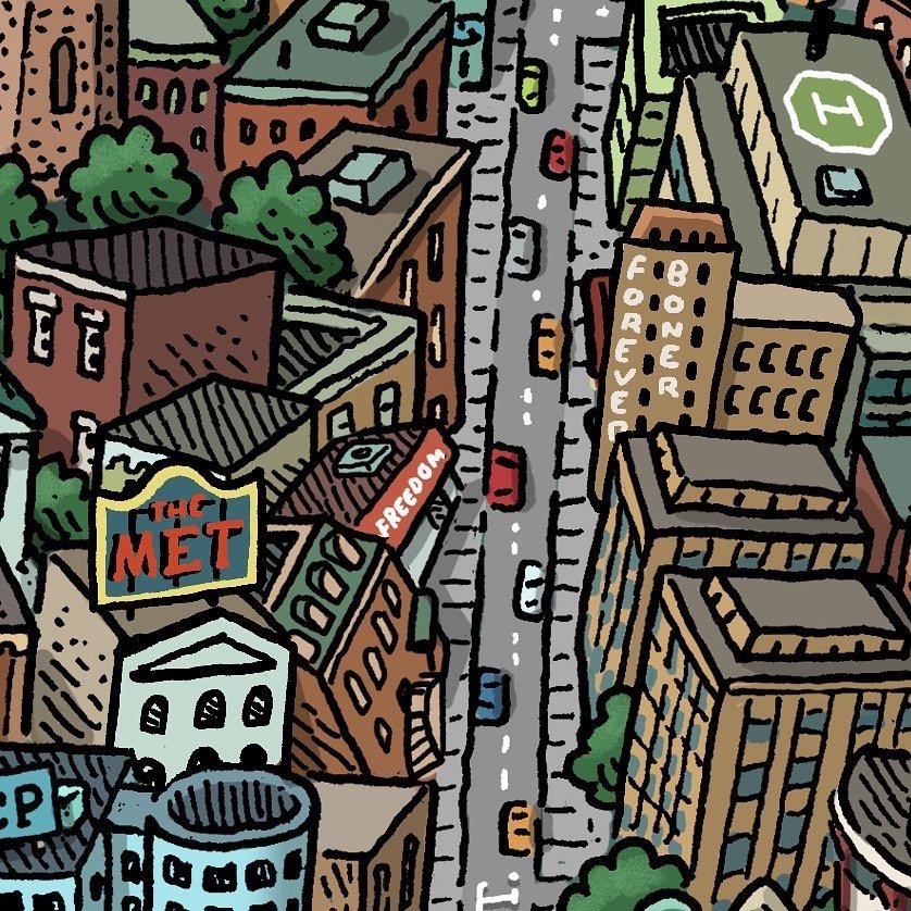 Illustration of a bustling city street featuring Mario Zucca's Philadelphia Landmarks Map and diverse buildings under a traffic light.