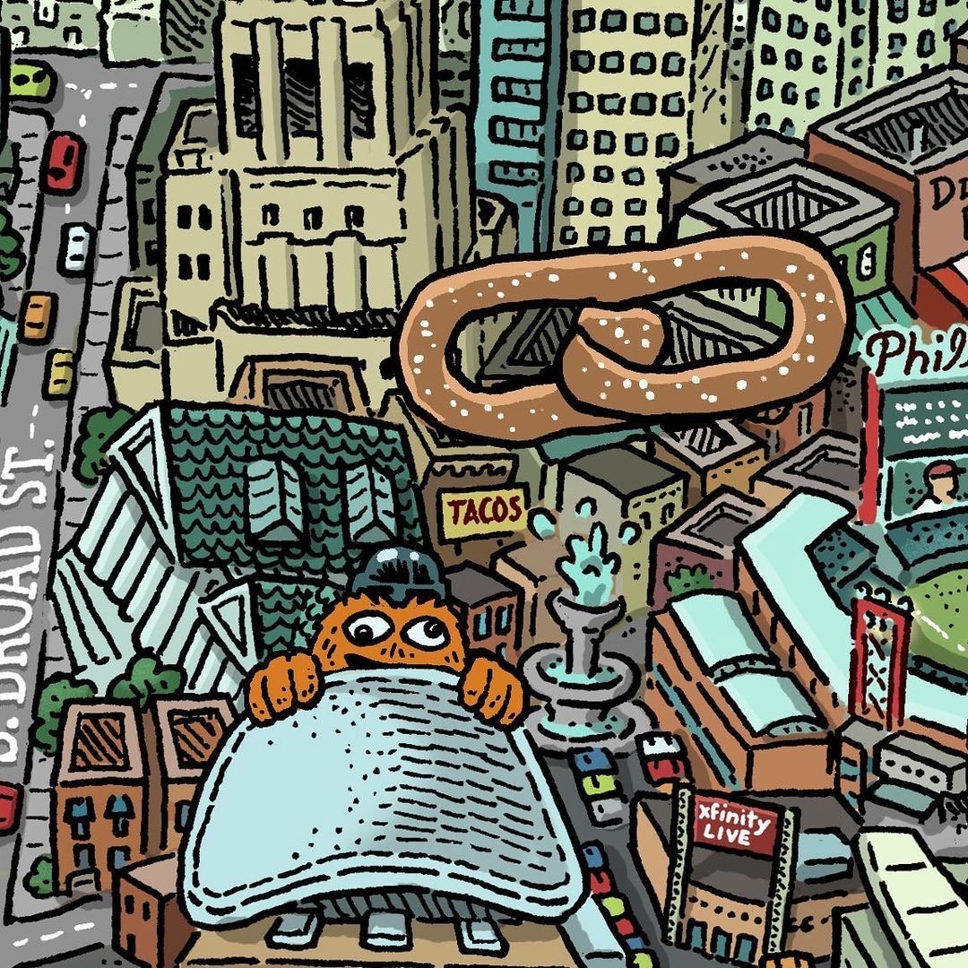 Illustration of an oversized character lounging atop buildings in a colorful, stylized cityscape featuring Philly landmarks with various labeled highlights from the Mario Zucca Philadelphia Landmarks Map.