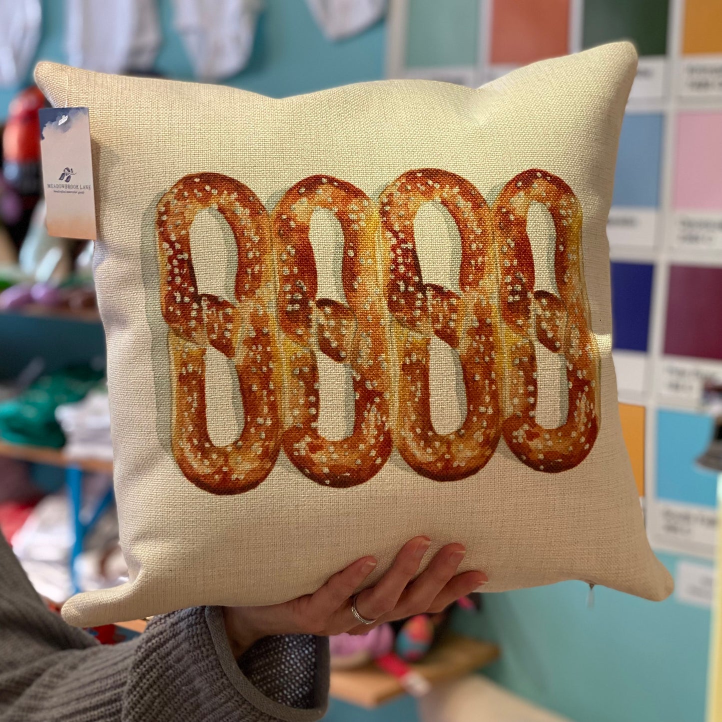 A person holding a Philly Illustrated Pillows fan pillow from Meadowbrook Lane.