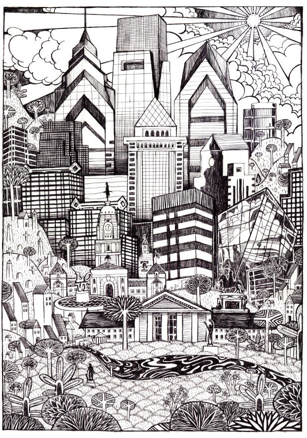 Intricately detailed black and white line drawing depicting a diverse urban landscape with a mix of historic and modern architectural styles, surrounded by natural elements and featuring a Philadelphia-themed skyline is featured on the Paul Carpenter Philly Pint Glasses.