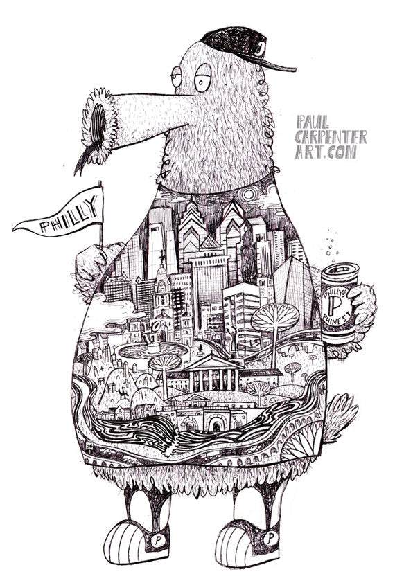 A whimsical illustration of an anthropomorphic bird wearing clothes, holding a Philadelphia-themed pennant and a Paul Carpenter Philly Pint Glass, with the iconic Philadelphia skyline depicted within its body.