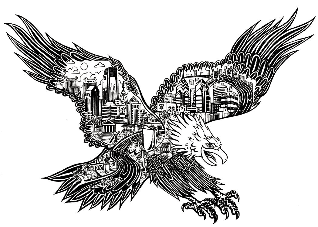 Illustration of an eagle in flight with a Philadelphia-themed skyline integrated into its wings, featured on Philly Pint Glasses by Paul Carpenter.