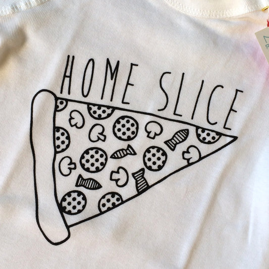 A white 100% cotton Home Slice Baby Onesie with a graphic of a pizza slice and the phrase 