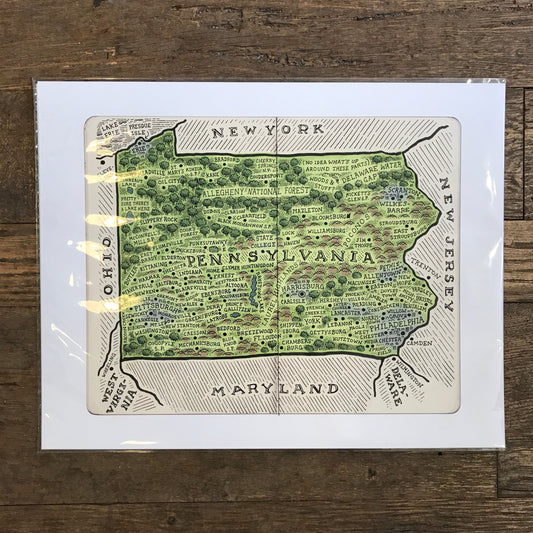 Check out the charming Pennsylvania Memory Map by Mario Zucca, featuring a hand-drawn design marked with cities, towns, and geographic features. It's bordered by New York, New Jersey, Maryland, and Ohio.