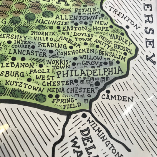 The Pennsylvania Memory Map by Mario Zucca offers a detailed close-up view of parts of New Jersey, Pennsylvania, and surrounding areas. It features cities such as Philadelphia, Allentown, Reading, and Wilmington. This hand-drawn map also highlights numerous towns by name.