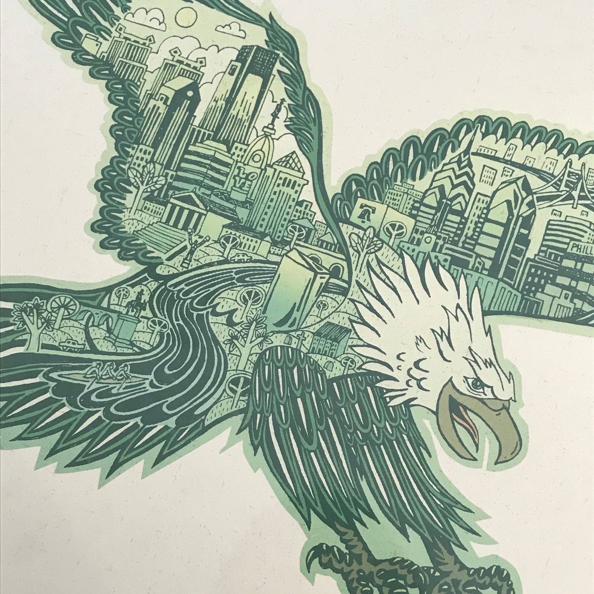 Artistic illustration of the Paul Carpenter Swooping Eagle Print overlaid with a green cityscape, featuring buildings, trees, and a ferris wheel, in a bold graphic style.