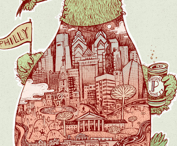 Illustrated map of Philadelphia featuring iconic landmarks, the Philly skyline, and a beer can labeled "Philly's finest IPA" in a detailed, artistic style by Phanatic Print from Paul Carpenter.