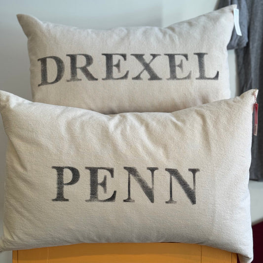 Two The Pillow Works school pride pillows stacked on a chair, with "Drexel" on the top pillow and "Penn" on the bottom pillow, both in dark gray lettering on a light beige background.