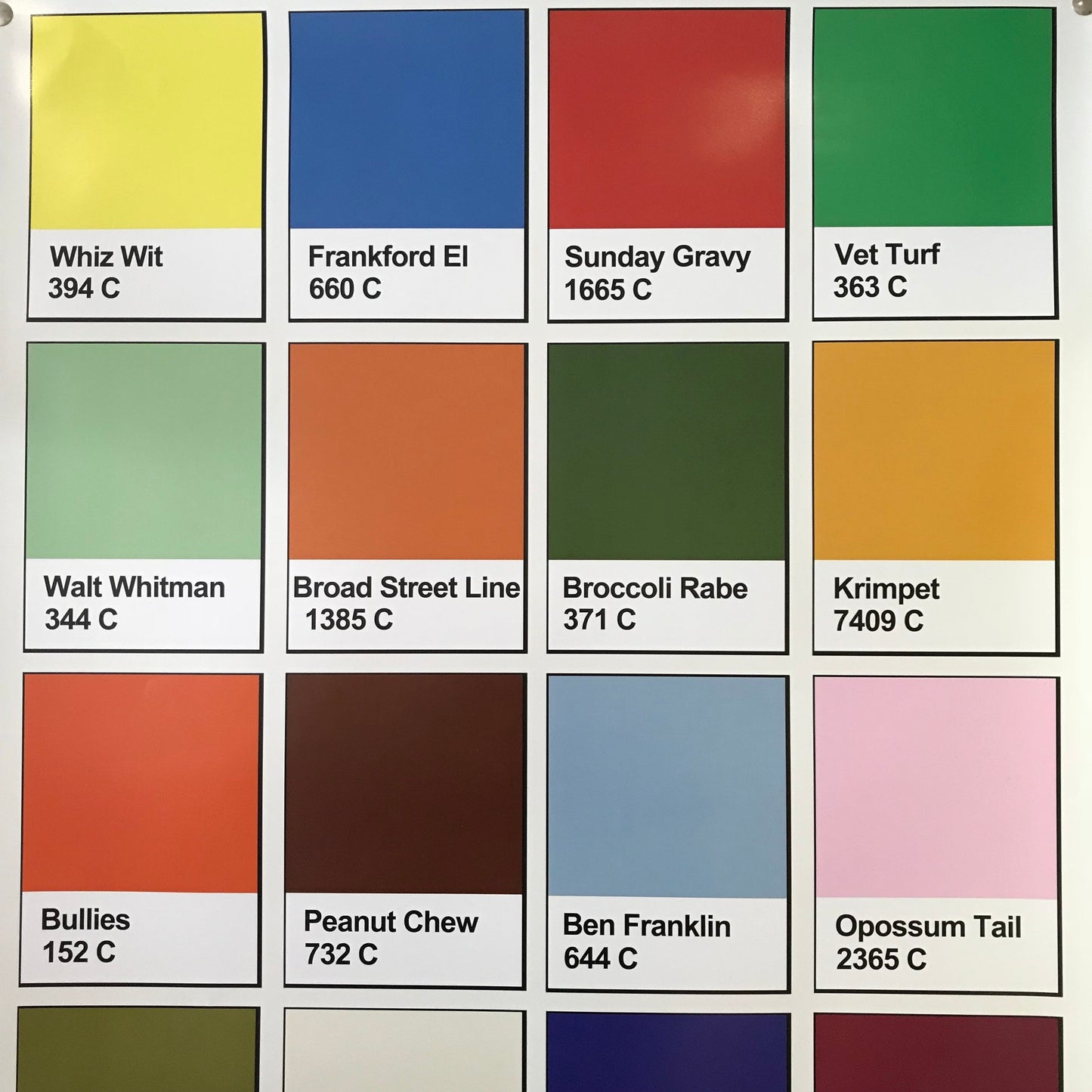 A Philly Palette Poster with creatively named shades representative of various themes or concepts, each labeled with a unique name and color code, including the vibrant "Tastykake Butterscotch Krimpets" from South Fellini.