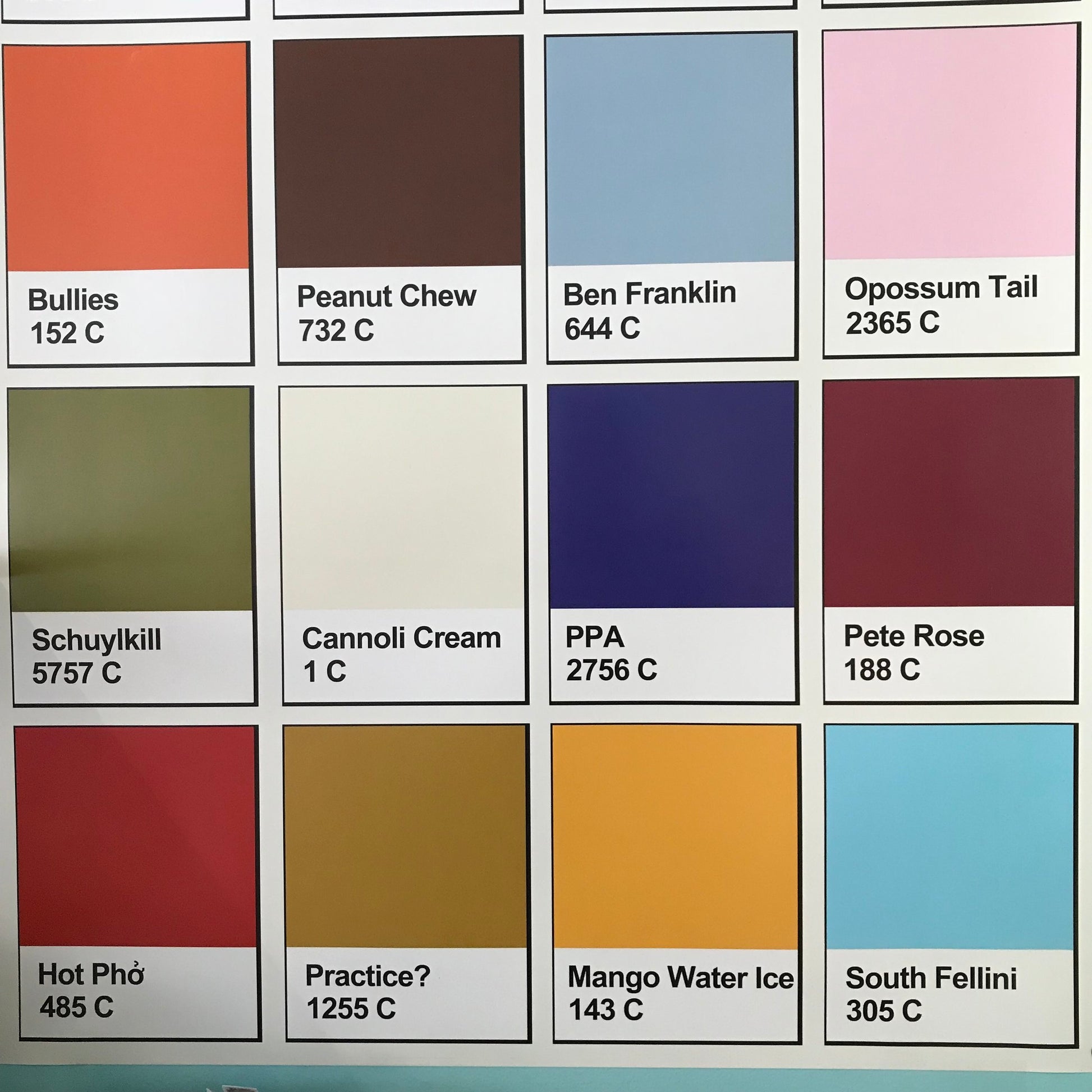 A grid of color swatches with playful names and corresponding identification codes, inspired by Philadelphia gifts - South Fellini's Philly Palette Poster.