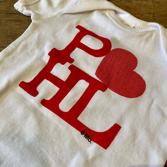 White cotton exit343design PHL Love Baby Onesie with a red 