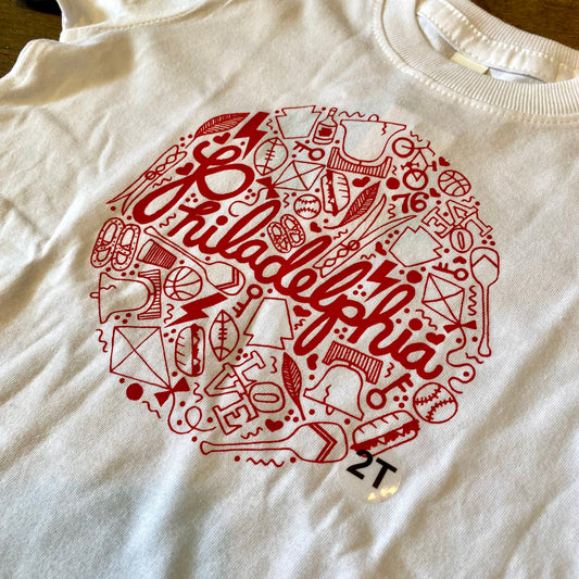 White 100% cotton Philadelphia Toddler T-Shirt with a red graphic design featuring Philadelphia-related icons, including the Liberty Bell, and lettering by exit343design.