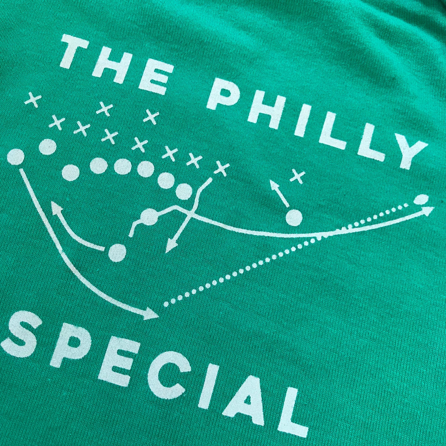 Exit343design's Philly Special Baby Onesie features green fabric with white text and graphics reading "the philly special" surrounded by a representation of a football play diagram.