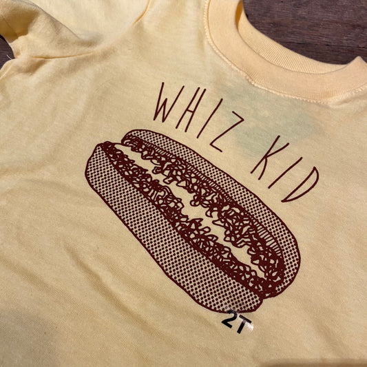 Yellow Whiz Kid Toddler T-Shirt with a hot dog graphic and the phrase 